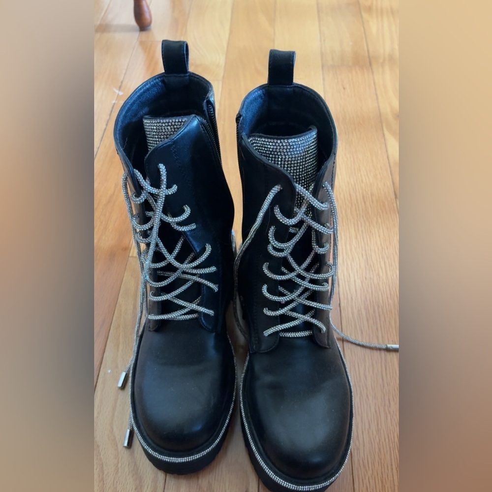 Azalea Wang Black Leather Ankle Boots with Silver Accents